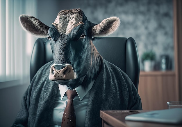 Zdjęcie portret krowy w garniturze w biurze