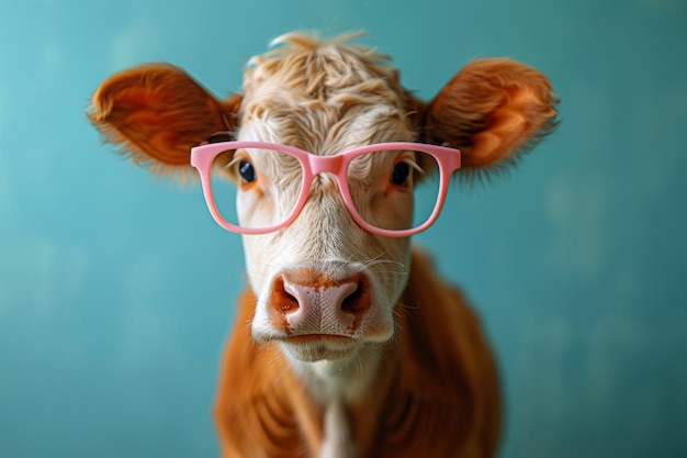 Zdjęcie portret krowy z okularami na niebieskim tle