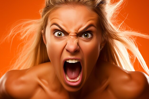 Portret krzyczącej kobiety na pomarańczowym tle