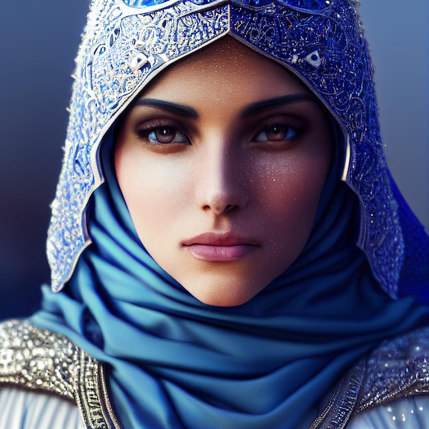portret księżniczki lodu z kryształu ultramaryny w hidżabie i welonie w szczegółowej zbroi