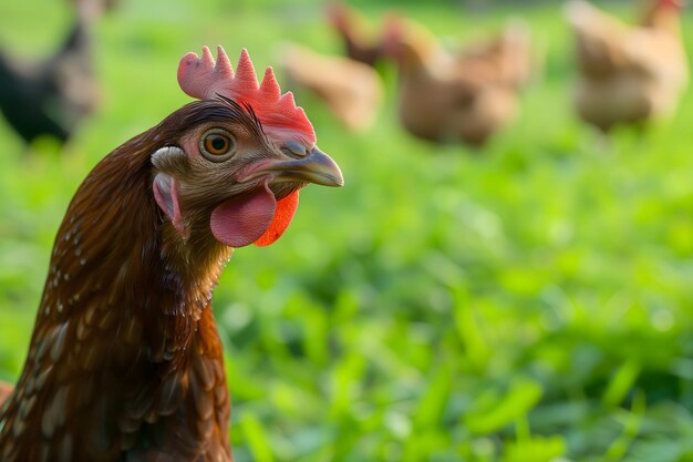 Zdjęcie portret kurczaka na farmie kurczaków w zbliżeniu z bokeh