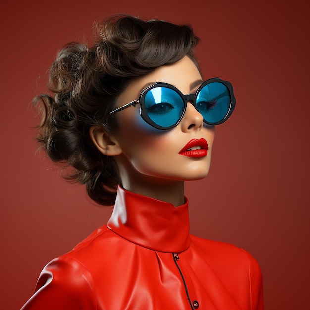 portret ładnej kobiety w okularach przeciwsłonecznych i kapeluszu na czerwonej kolorowej ścianie wygenerowany przez sztuczną inteligencję