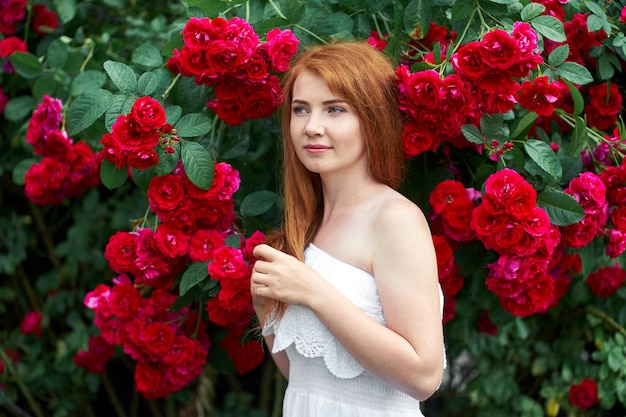 Portret ładnej rudowłosy dziewczyny ubrane w białą lekką sukienkę na tle kwitnących róż.