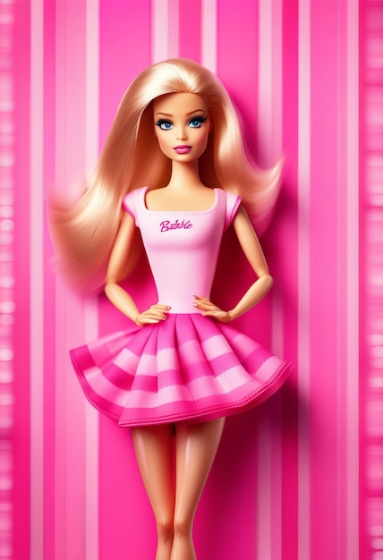 Zdjęcie portret lalki barbie na różowym tle ilustracji
