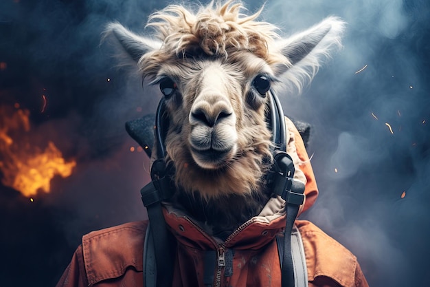 Zdjęcie portret lamy w hełmie astronauty i kostiumie słodki lama