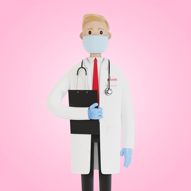 Portret lekarza w masce i rękawiczkach Ilustracja 3D w stylu kreskówki