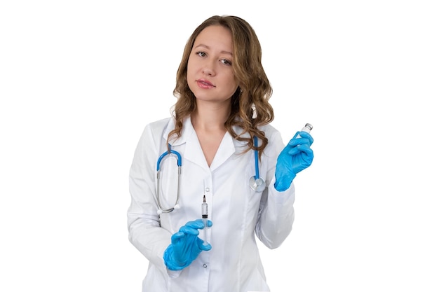 Portret lekarza w szlafroku ze stetoskopem Dziewczynka trzyma w dłoniach strzykawkę medyczną