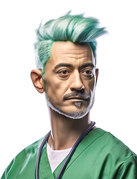 Zdjęcie portret lekarza z zielonymi włosami i stetoskopem