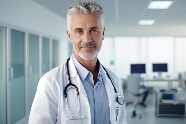Zdjęcie portret lekarza ze stetoskopem w szpitalu doświadczony starszy lekarz uśmiecha się