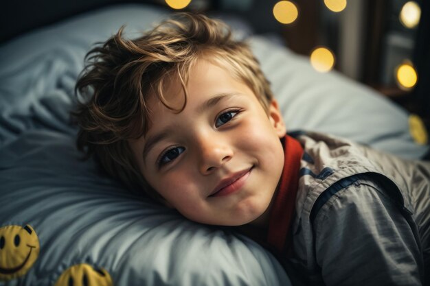 Portret leżącego uśmiechniętego szczęśliwego chłopca na szarym tle