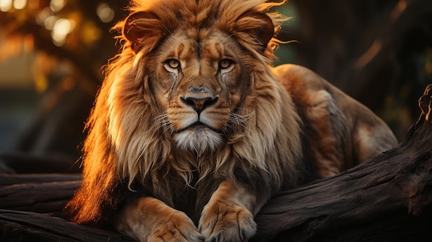 portret lwa na tle zachodu słońca