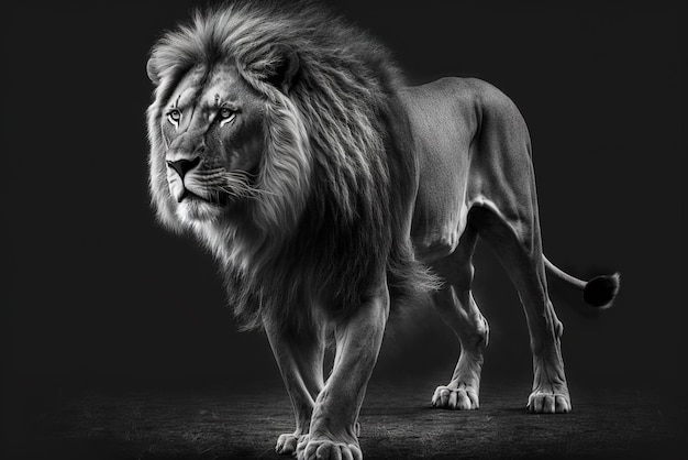 Portret lwa w czarno-białych dzikich afrykańskich zwierzętach spaceruje nocą generatywną sztuczną inteligencją