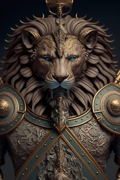 Portret lwa-wojownika w pozłacanej zbroi Wygenerowane przez AI