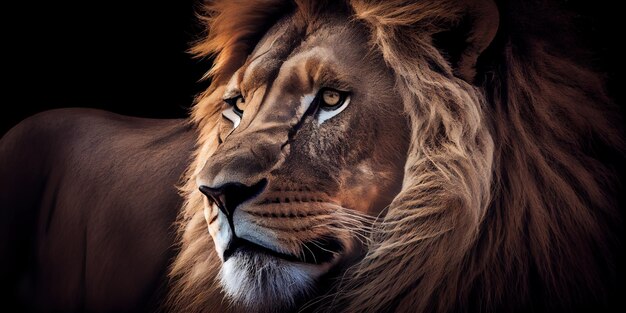 Portret lwa z bliska Lew jest królem zwierząt z piękną grzywą Generatywna sztuczna inteligencja