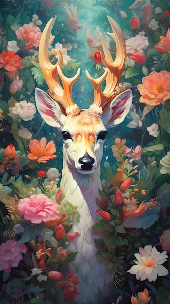 Portret majestatycznego jelenia w fantazyjnym tle Dzikie zwierzęta jelenie Jasna kolorowa farba