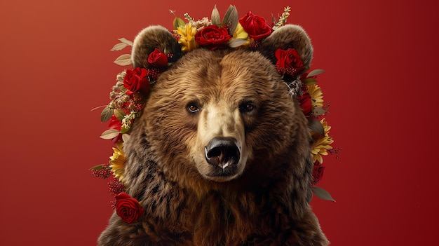 Portret majestatycznego niedźwiedzia z wieńcem kwiatów na głowie niedźwiedź patrzy na kamerę z poważnym wyrazem twarzy
