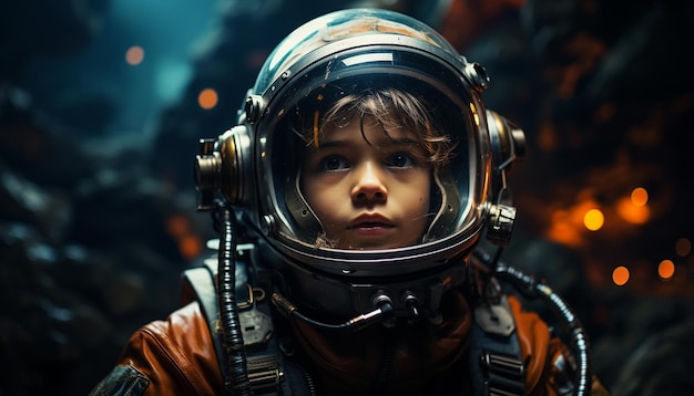 Portret małego chłopca w hełmie astronauta Świat fantazji