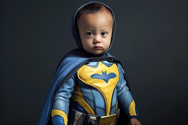 Portret małego chłopca w stroju superbohatera na ciemnym tle