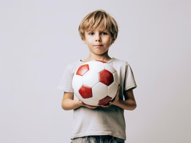Portret małego chłopca z piłką nożną w ręku