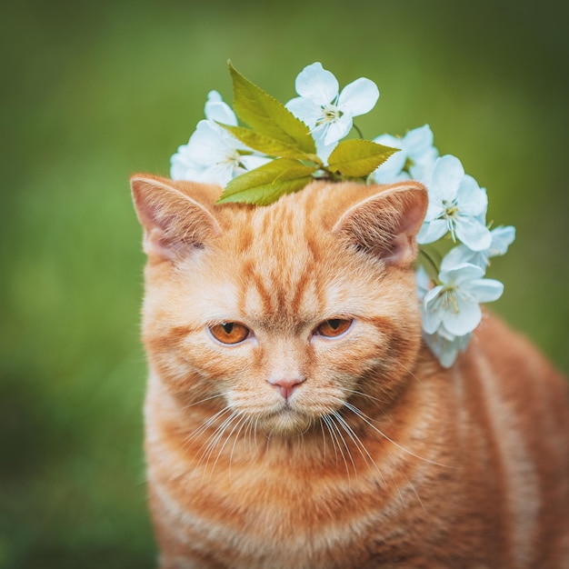 Portret małego czerwonego kociaka z kwiatami wiśni na głowie