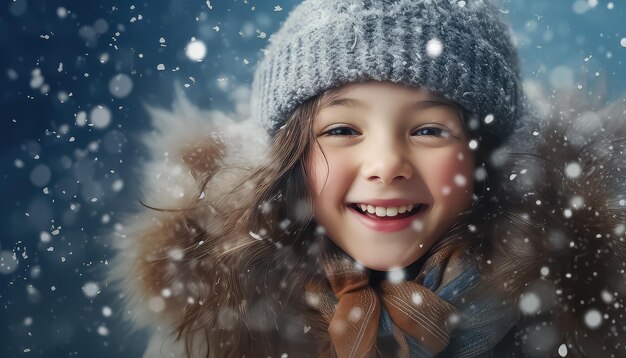 Portret małego dziecka z płatkami śniegu na jednolitym tle