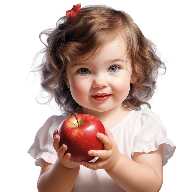 Portret małej dziewczynki z Apple clip art białym tłem Generatywna AI