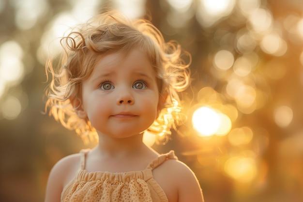portret małej dziewczyny na zewnątrz na tle zachodzącego słońca
