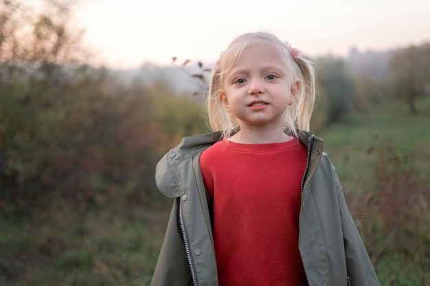 Portret małej jasnowłosej dziewczynki z dwoma ogonami na tle jesiennego krajobrazu rozmycia Dziecko dziewczynka w przyrodzie