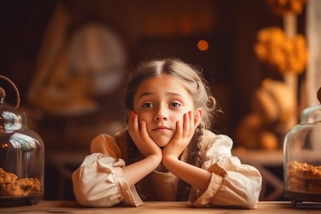 Portret małej smutnej dziewczynki z warkoczami siedzącej przy czarnym stole i myślącej o kopiowaniu generatywnej sztucznej inteligencji