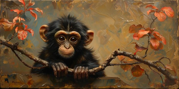 Zdjęcie portret małpy szympansów, ilustracja cyfrowa w stylu akwarelu