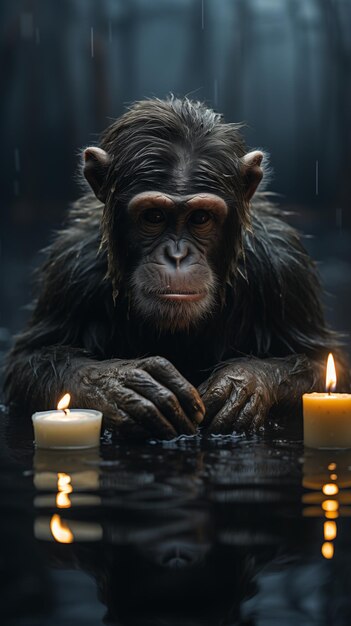Zdjęcie portret małpy zanurzonej w wodzie ze świecami