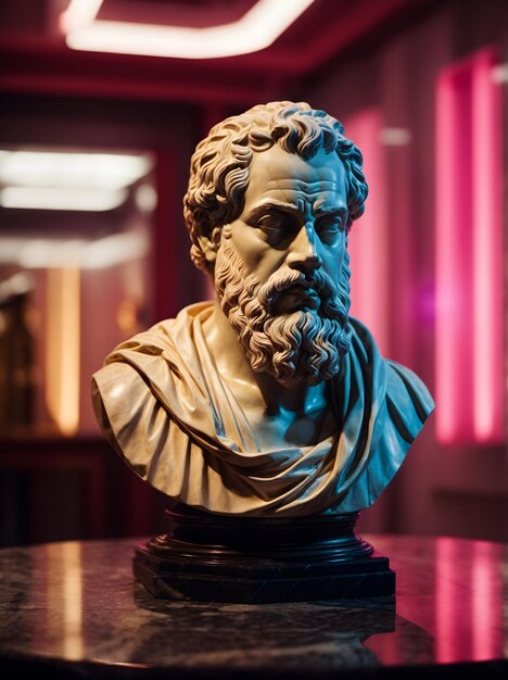 Portret marmurowej rzeźby Platona oświetlonej neonowym tłem
