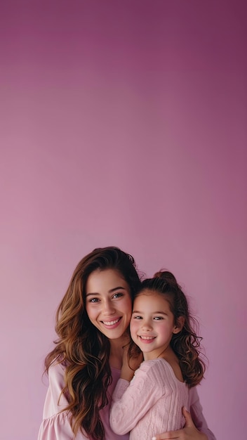 Portret matki i córki izolowany na różowym tle nakręcony w studiu Generatywna sztuczna inteligencja