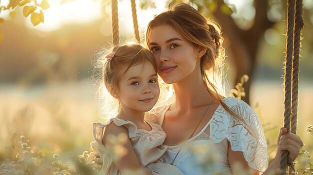 Portret matki i córki siedzących na huśtawce z pięknym krajobrazem naturalnym i światłem słonecznym z dużą przestrzenią dla tekstu lub produktu Generatywna sztuczna inteligencja