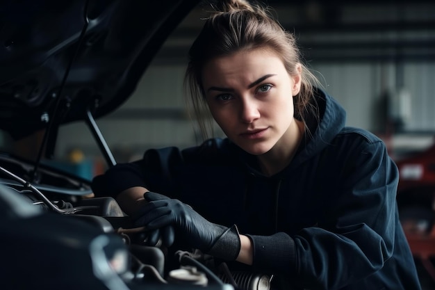 Portret mechaniki pracującej w garażu naprawczym