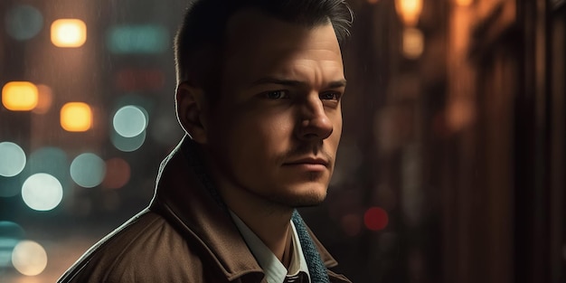 Portret męskiego detektywa na ulicy w nocy w deszczu w kinowym stylu noir Generative AI
