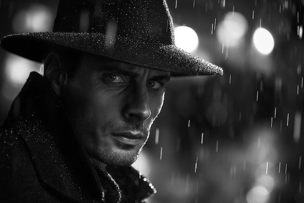Portret męskiego detektywa szpiega w kapeluszu i płaszczu przeciwdeszczowym na zewnątrz w nocy w deszczu w czarno-białym stylu retro