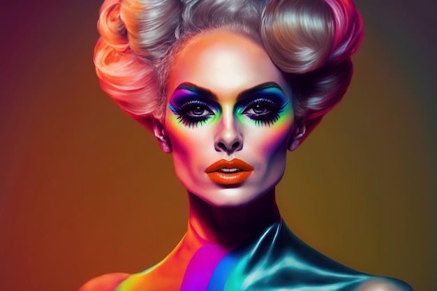 Portret męskiego transwestyty w stylu drag queenstyle z makijażem w kobiecej sukience Generacyjna sztuczna inteligencja