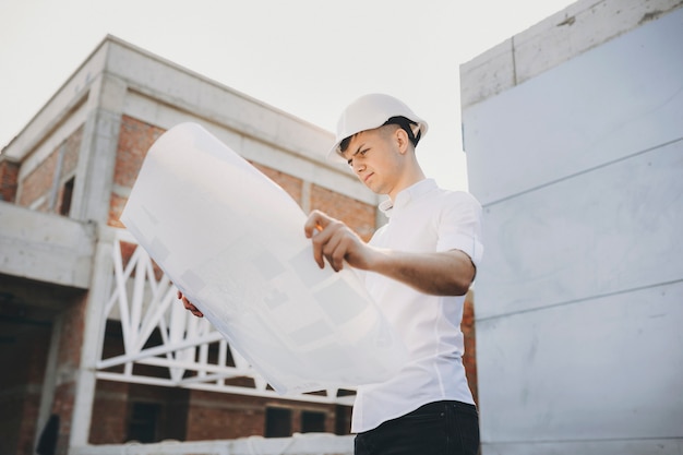 Portret mężczyzny architekta patrząc na projekt budynku w budowie rano na budynku.