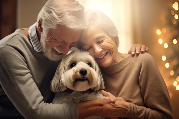 Portret mężczyzny i kobiety uściskających słodkiego Shih Tzu.