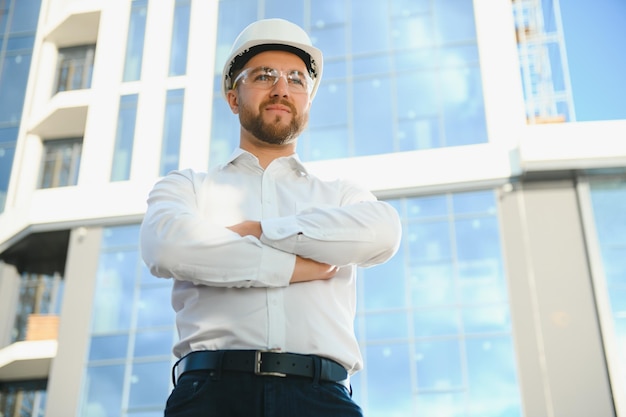 Portret mężczyzny inżyniera na placu budowy. Mężczyzna kierownik budowy w białym kasku i żółtej kamizelce bezpieczeństwa