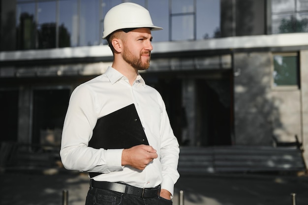 Portret mężczyzny inżyniera na placu budowy. Mężczyzna kierownik budowy w białym kasku i żółtej kamizelce bezpieczeństwa