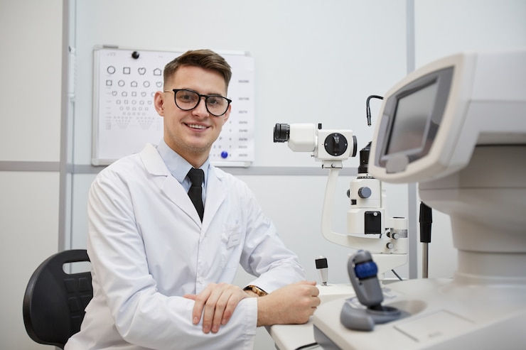 Zdjęcie portret mężczyzny optometrysta uśmiecha się do kamery, stwarzając w miejscu pracy przez sprzęt optyczny