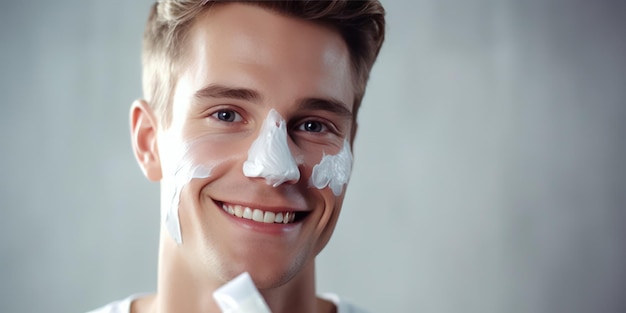 Portret mężczyzny patrzącego w kamerę przy użyciu maski twarzowej z gliny Procedura piękności i rutynowa pielęgnacja skóry