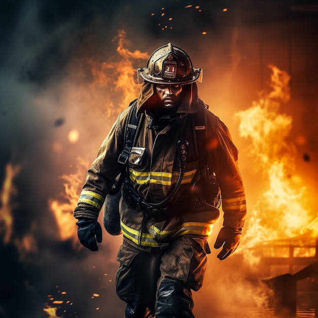 portret mężczyzny strażaka wśród ognia