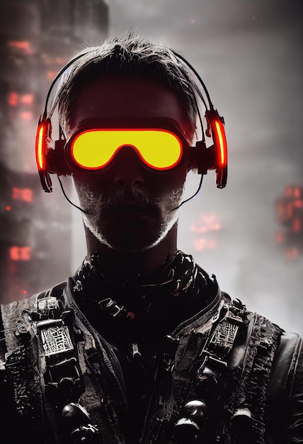 Portret mężczyzny w cyberpunkowym zestawie słuchawkowym, neonowych wirtualnych okularach i cyberpunkowym sprzęcie