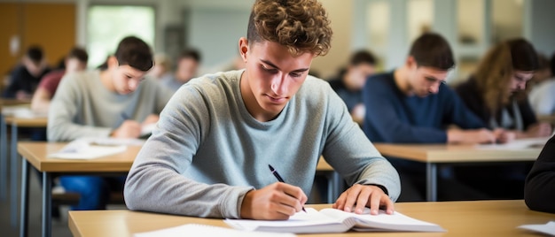 Zdjęcie portret mężczyzny w liceum uniwersyteckim z niewyraźną grupą uczniów studiujących w klasie