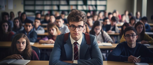 portret mężczyzny w uniwersyteckim liceum z niewyraźną grupą studentów uczących się w klasie
