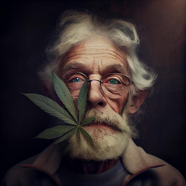 Portret mężczyzny z marihuaną liść marihuany chwastów