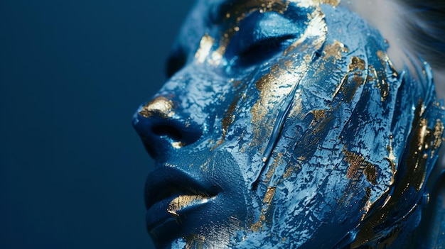 Portret mężczyzny z niebieską i złotą farbą twarzy podkreślającą skomplikowane szczegóły i szorstką teksturę, która kontrastuje z gładką niebieską farbą